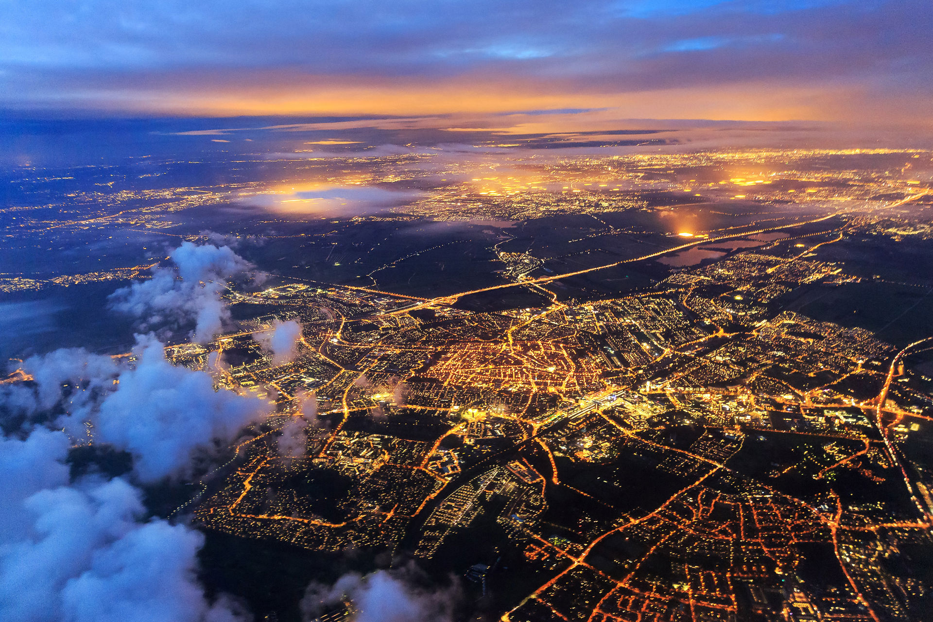 Aerial view of large city at night