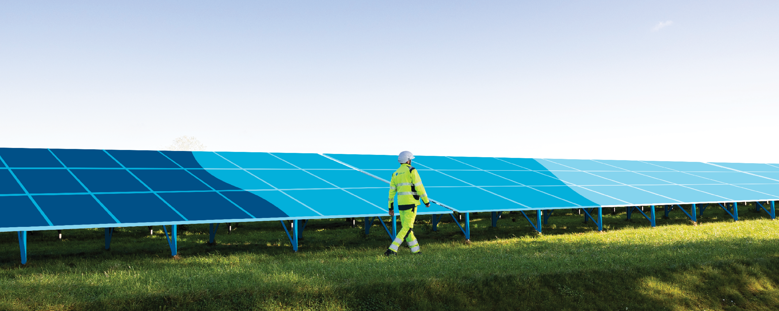 Man with protective gear with solar panels in the background