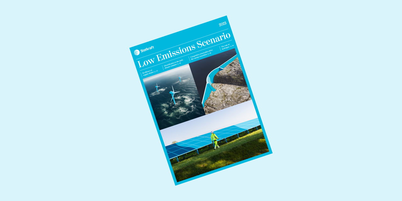 Front page cover of the low emission scenario, which includes a dam, solar panels and offshore wind