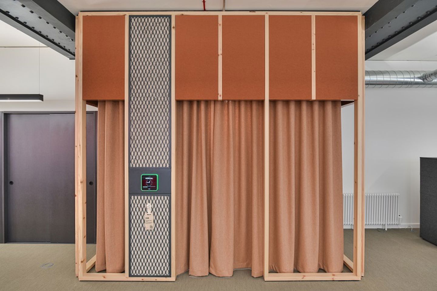Brown wooden meeting room with brown curtains